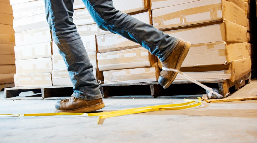 man walking in warehouse about to trip