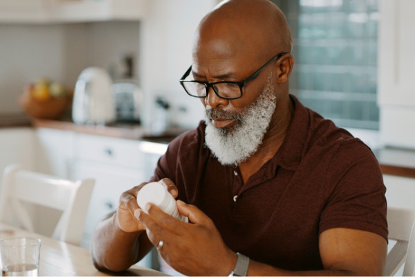 man looking at prescription bottle